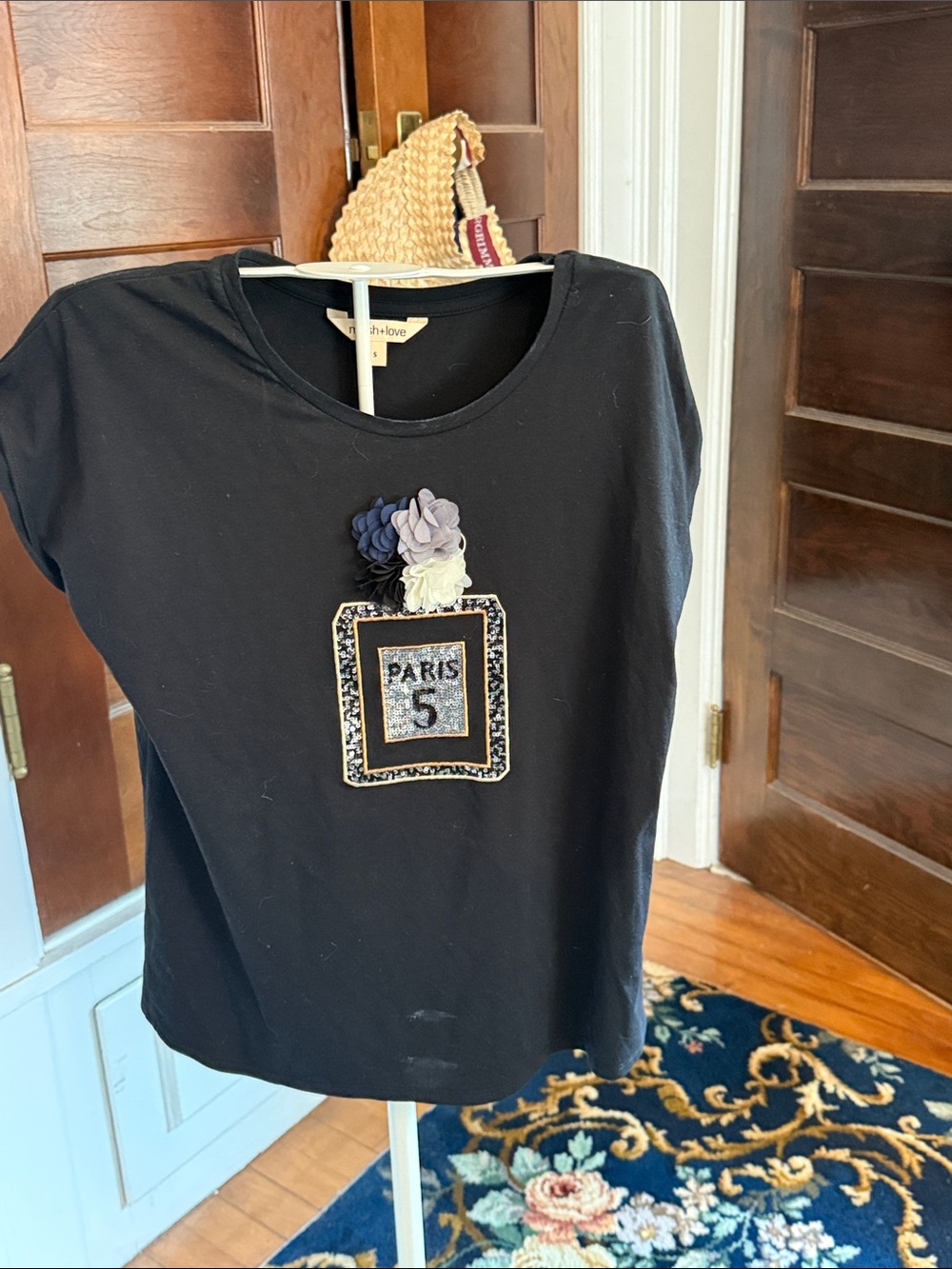 Girls Black Embroidered 'Paris 5' Floral Applique Tee